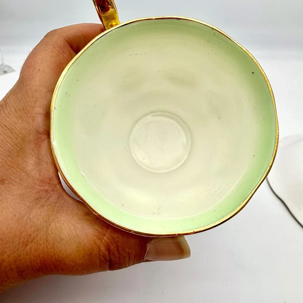 Royal Albert Teacup Saucer Bone China Vintage Green Pink Gold Tone